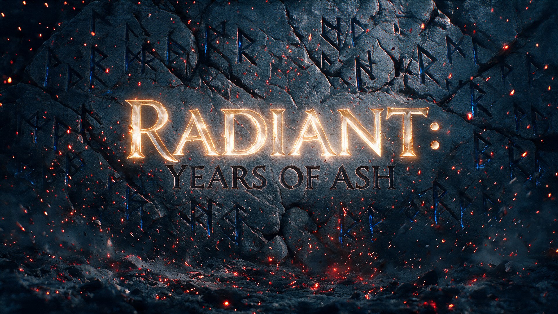 Radiant: Years of Ash — the title carved and lit on cracked stone, surrounded by glowing runes and drifting embers.